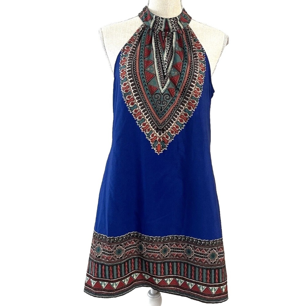Bohemian Blue Halter Dress Band Of Gypsies Aztec Design Flare Blue Festival